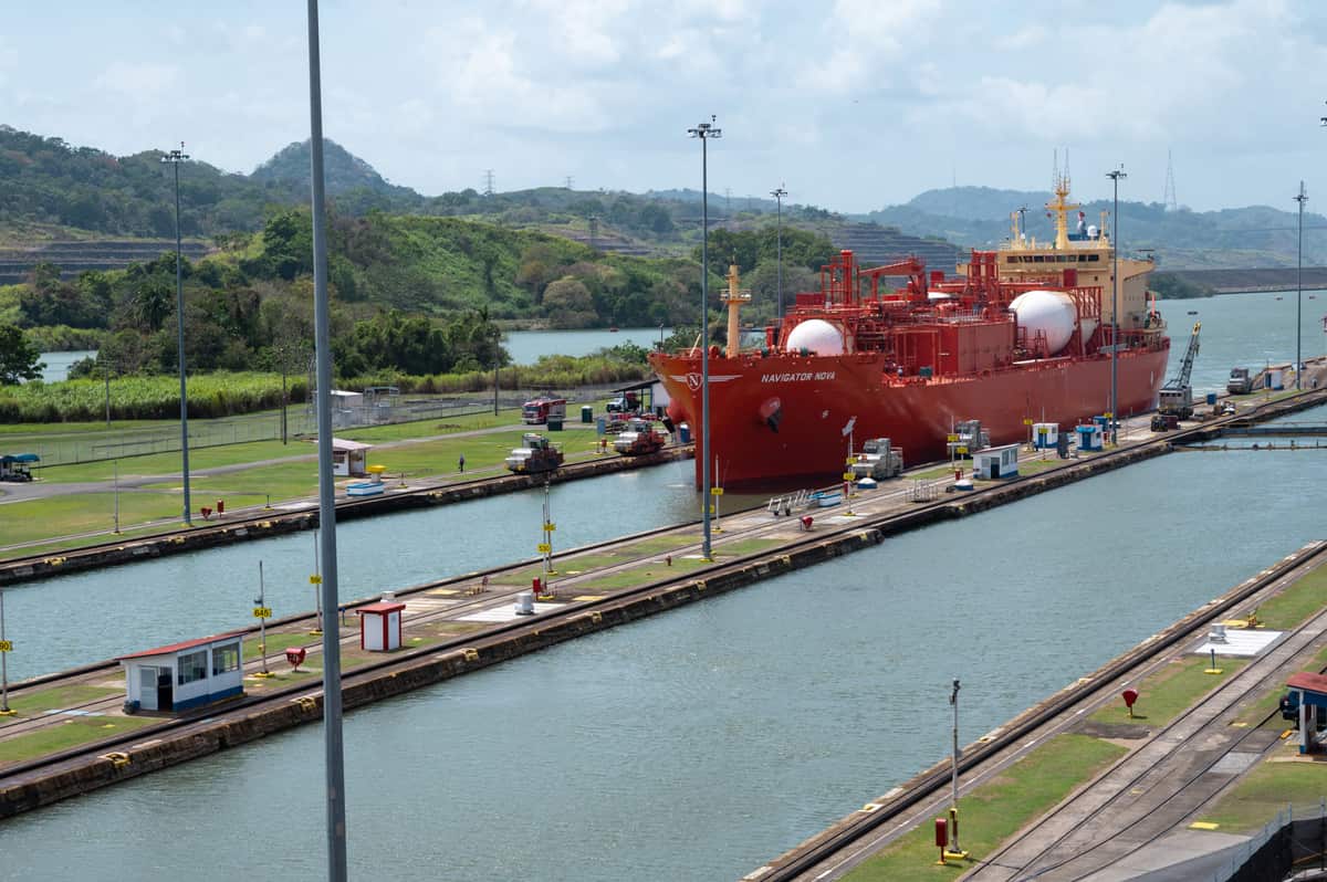 A ship passes through the locks of the Panama Canal