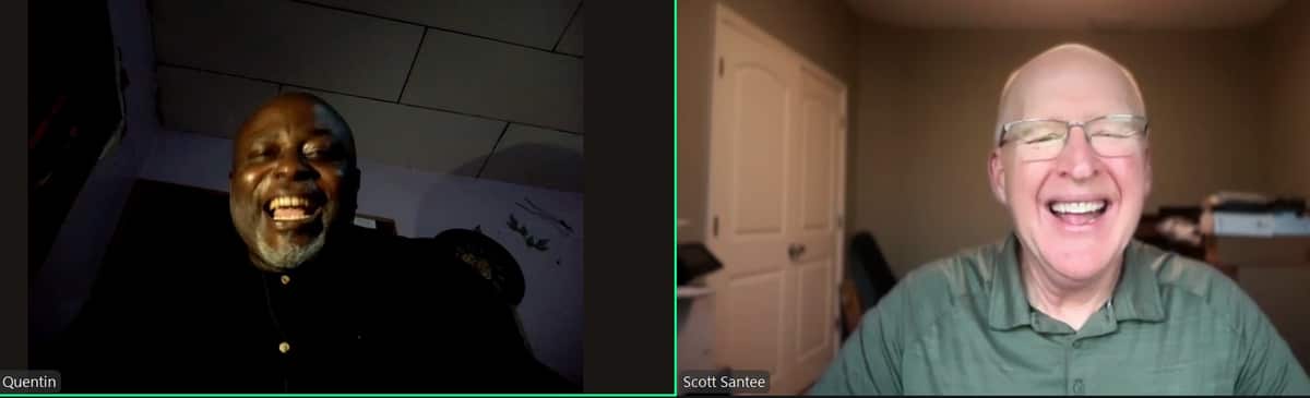 Quentin, Filter of Hope director in Cameroon, laughing on a video call with Scott Santee