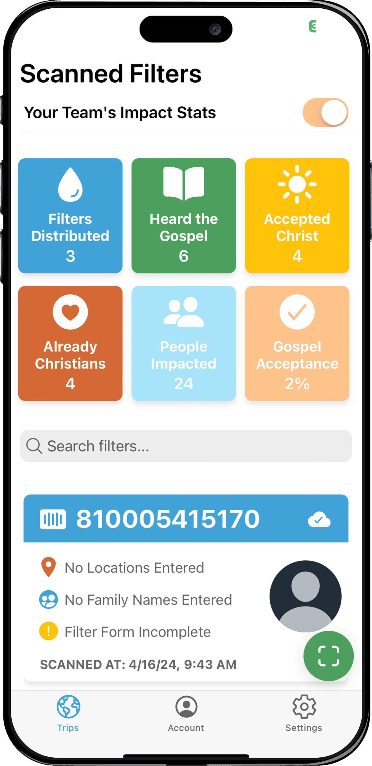 Filter of Hope app list of scanned filters