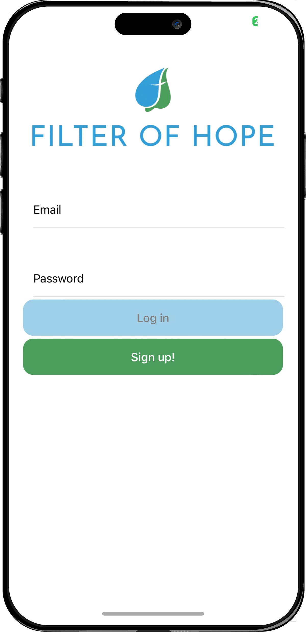 Filter of Hope app login screen