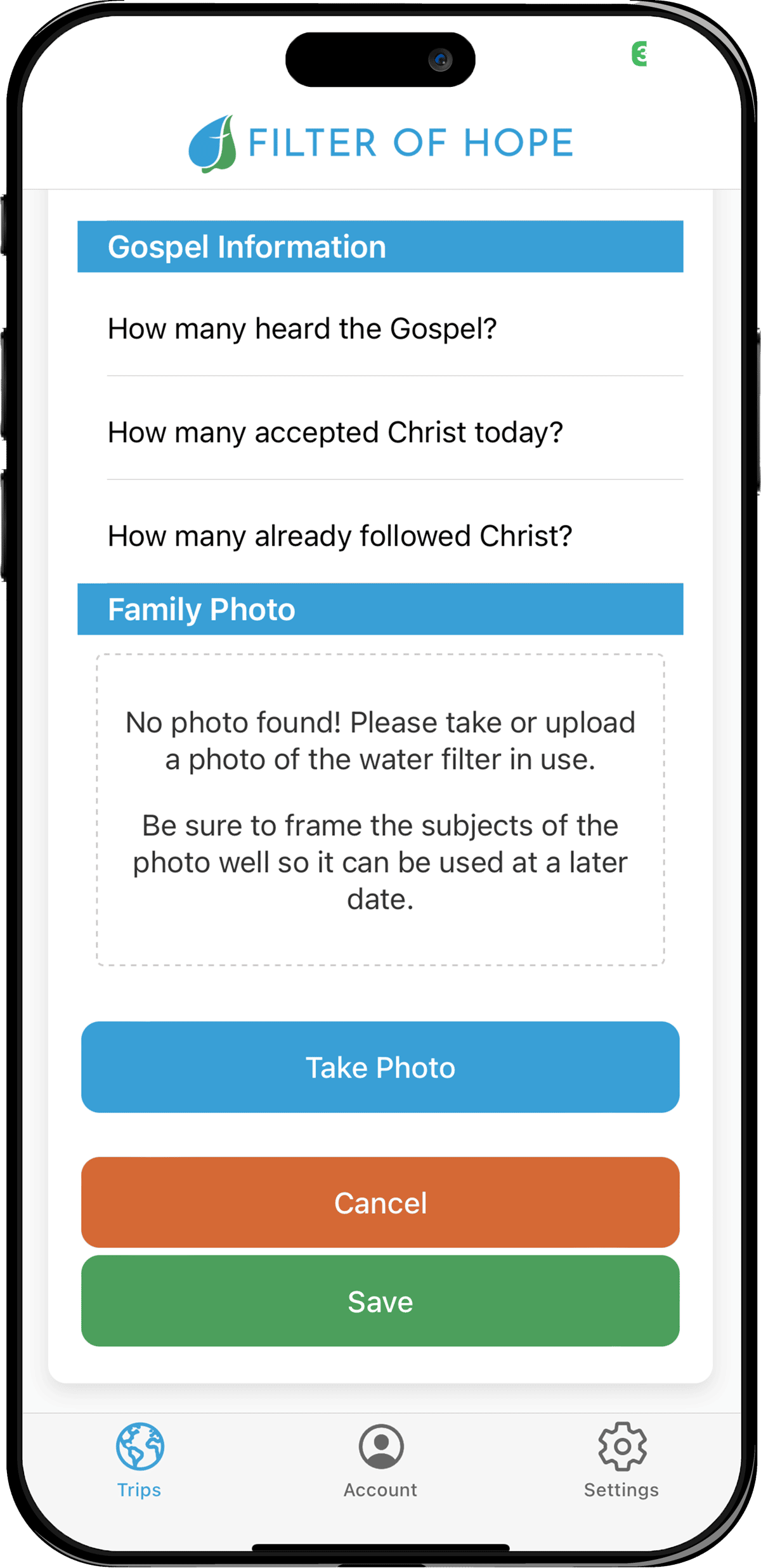 Filter of Hope app form for recording a filter