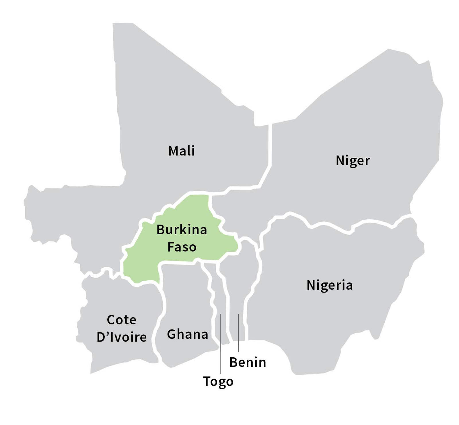 Map of West Africa with Burkina Faso highlighted