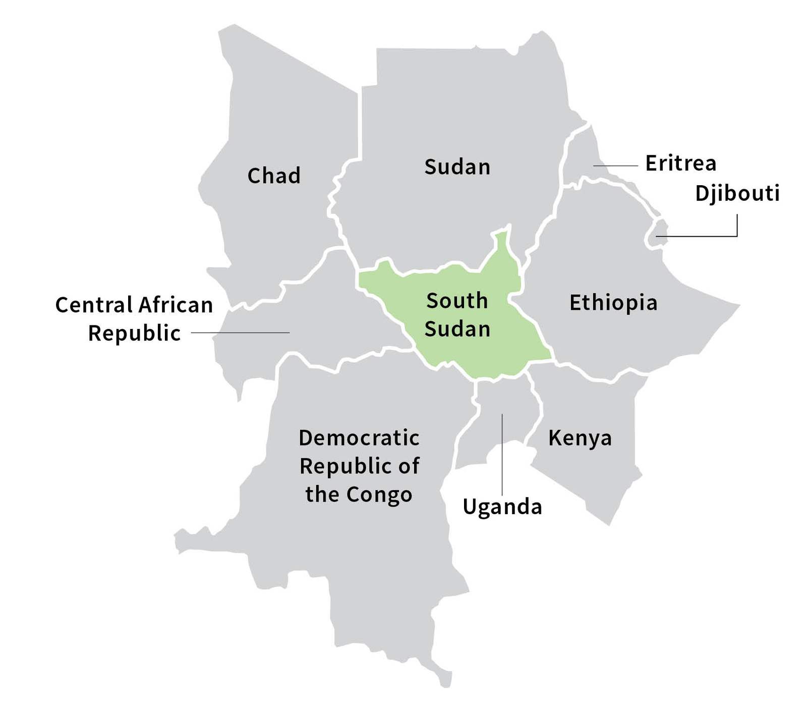 Map of East Africa with South Sudan highlighted