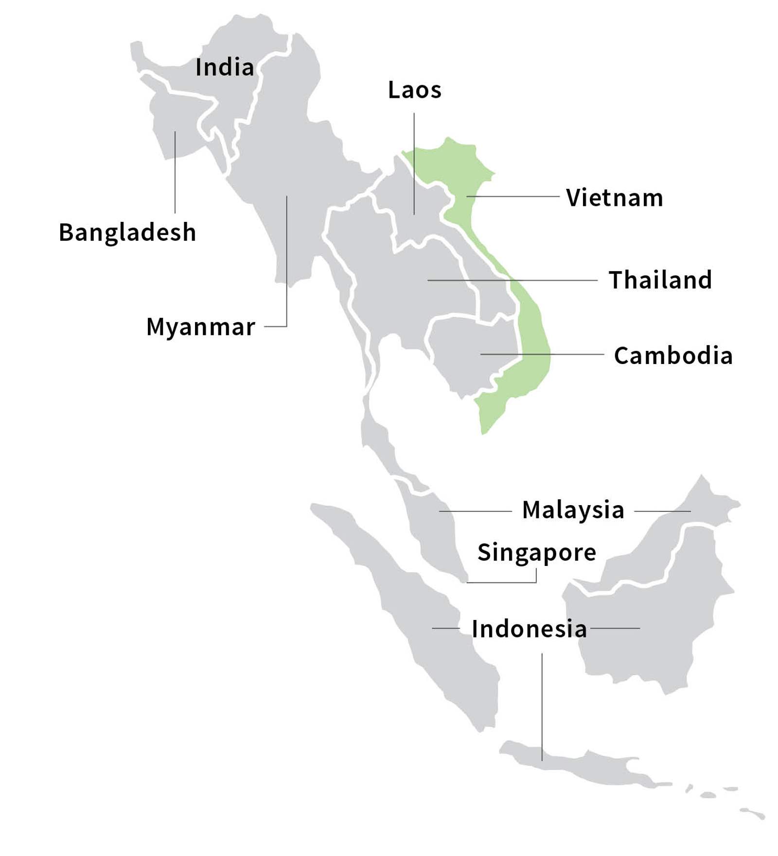 Map of Southeast Asia with Vietnam highlighted