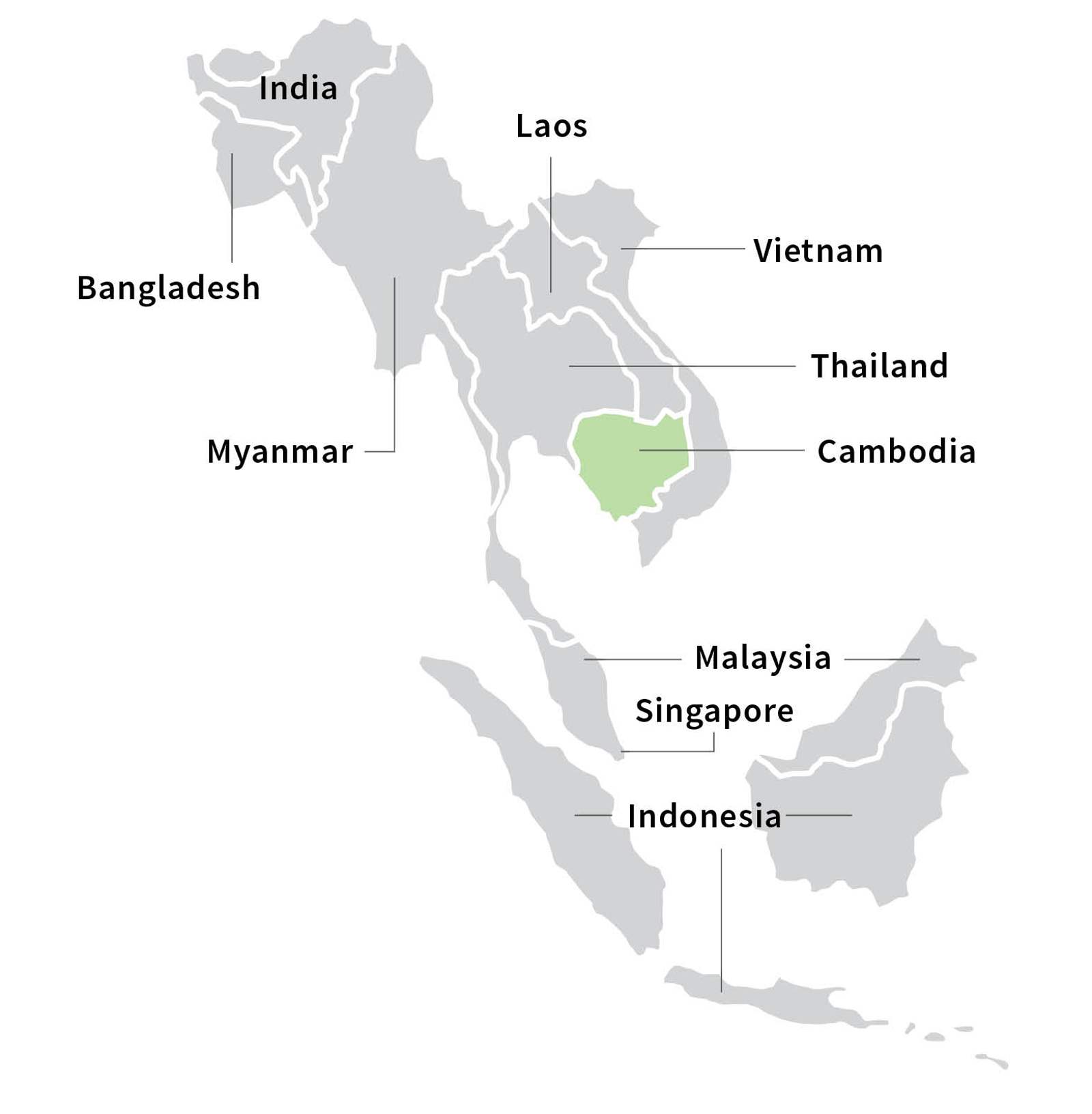 Map of Southeast Asia with Cambodia highlighted