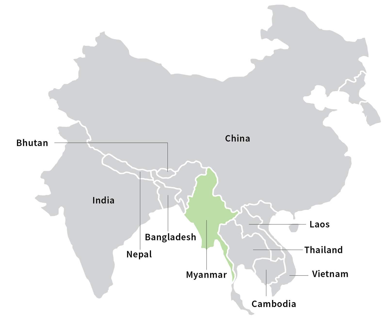 Map of Southeast Asia with Myanmar highlighted