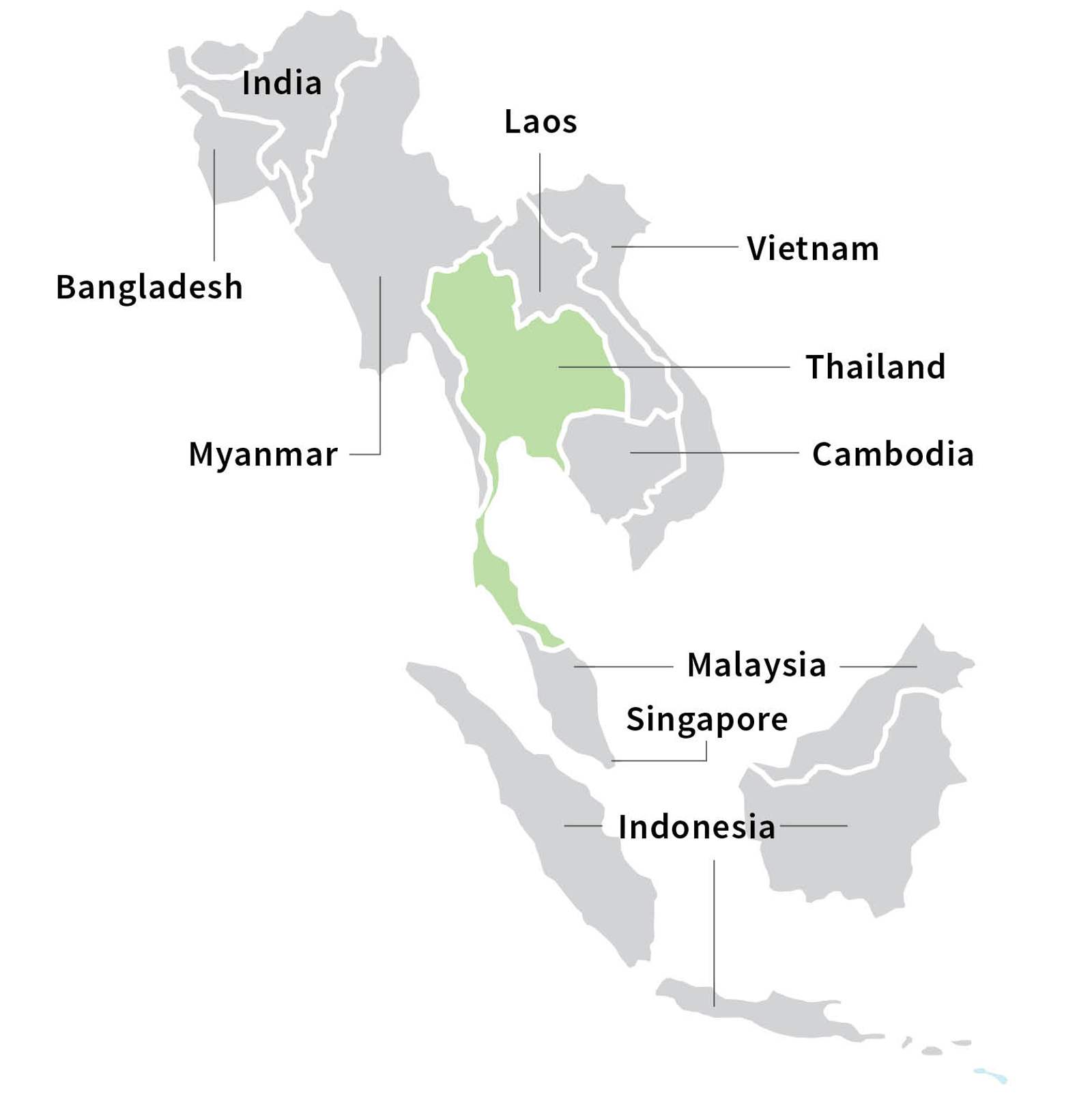 Map of Southeast Asia with Thailand highlighted
