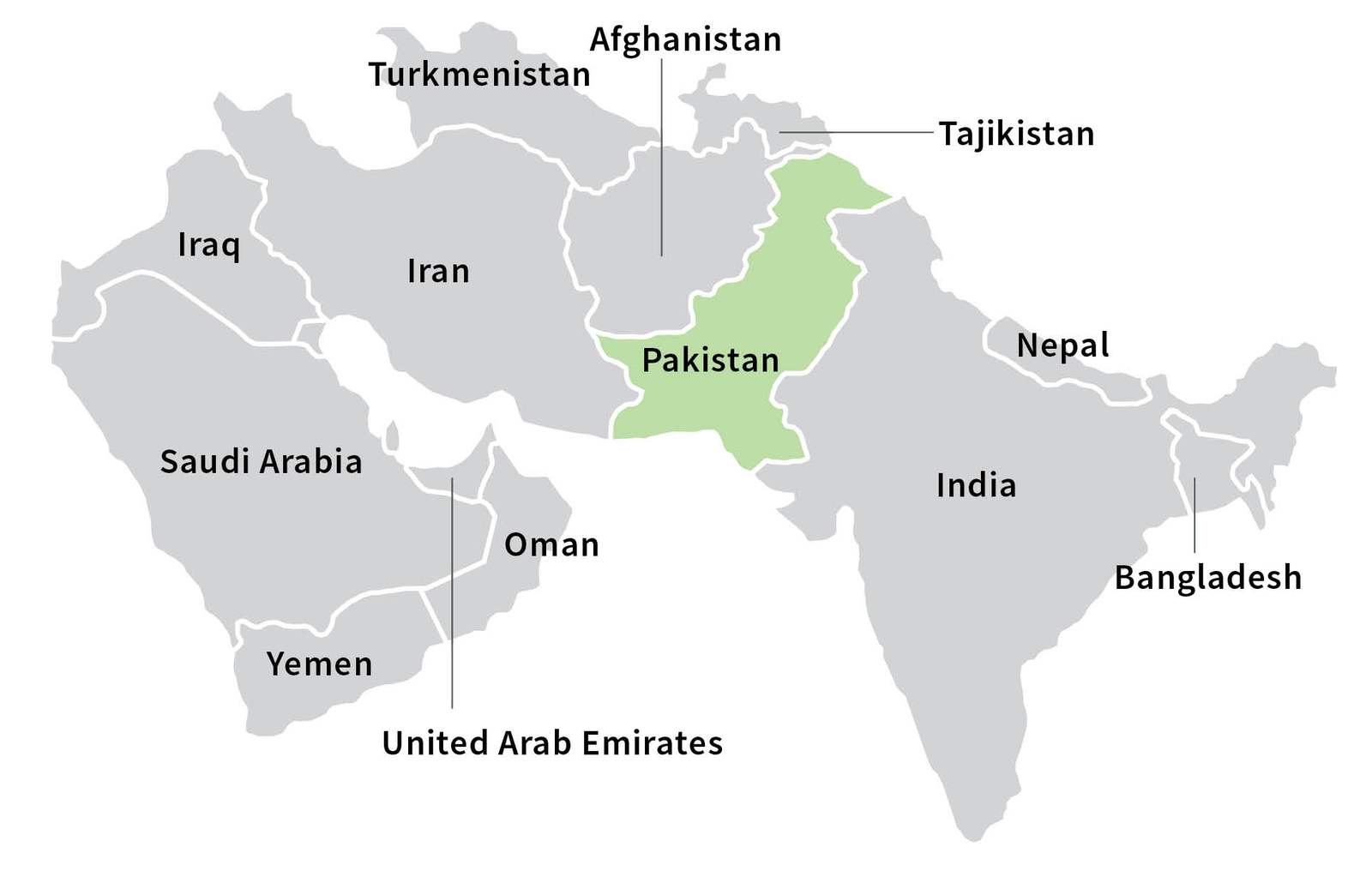 Map of South and Central Asia with Pakistan highlighted