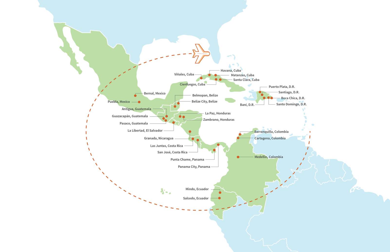 Map of Filter of Hope mission bases across Latin America and the Caribbean
